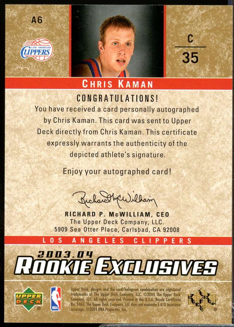 Chris Kaman Card 2003-04 Upper Deck Rookie Exclusives Autographs #A6  Image 2
