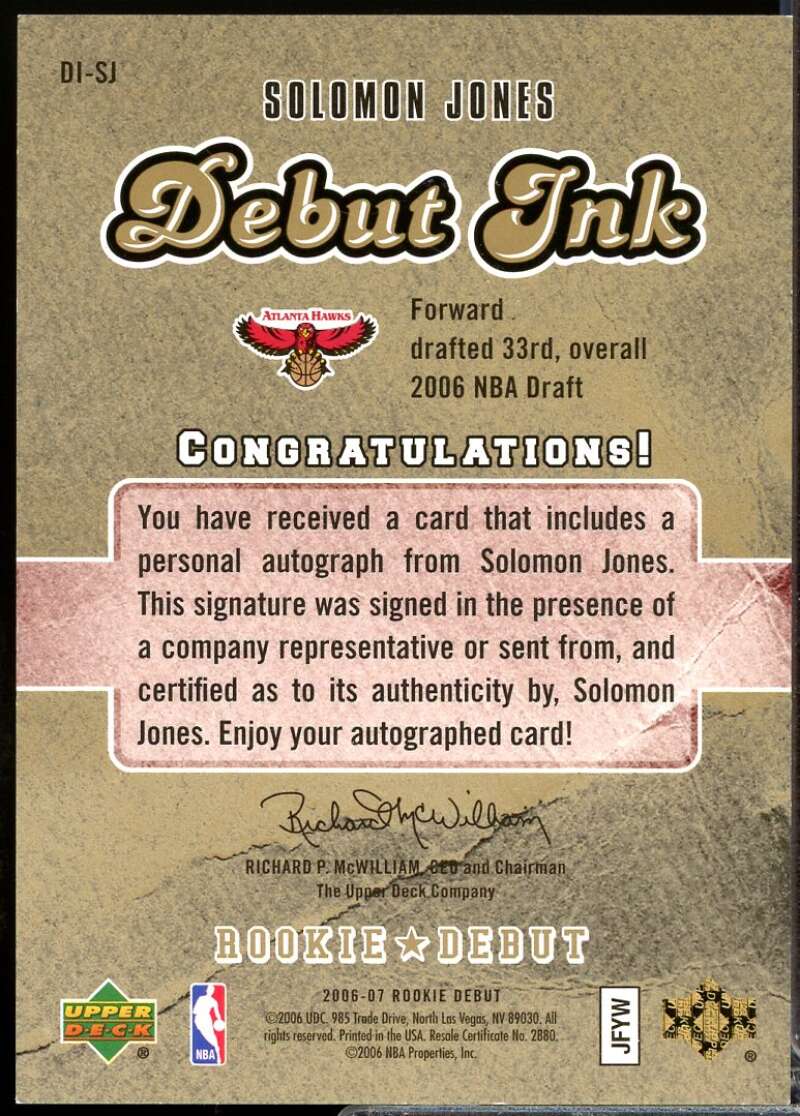 Solomon Jones /25 Card 2006-07 Upper Deck Rookie Debut Ink Autograph Gold #SJ  Image 2