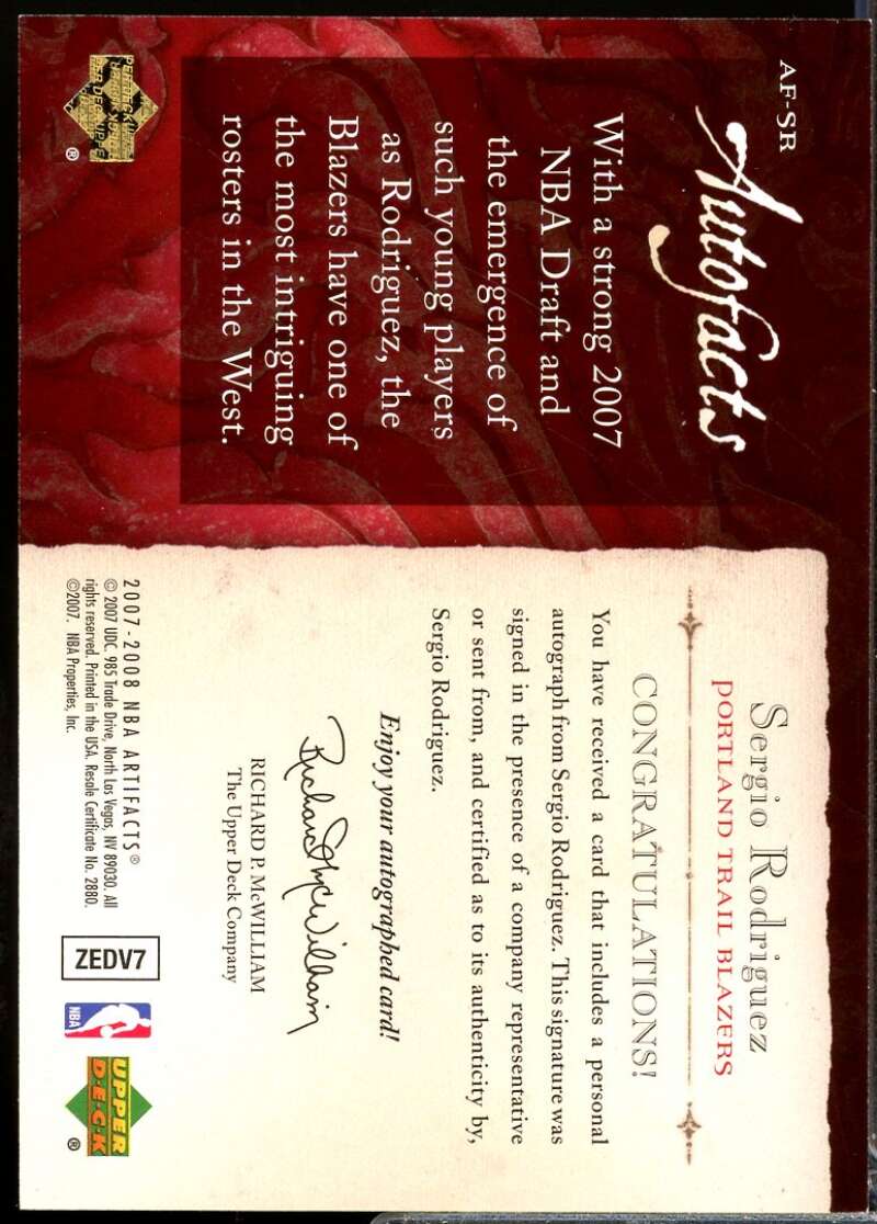 Sergio Rodriguez Card 2007-08 Upper Deck Artifacts Autofacts Autograph #AFSR  Image 2