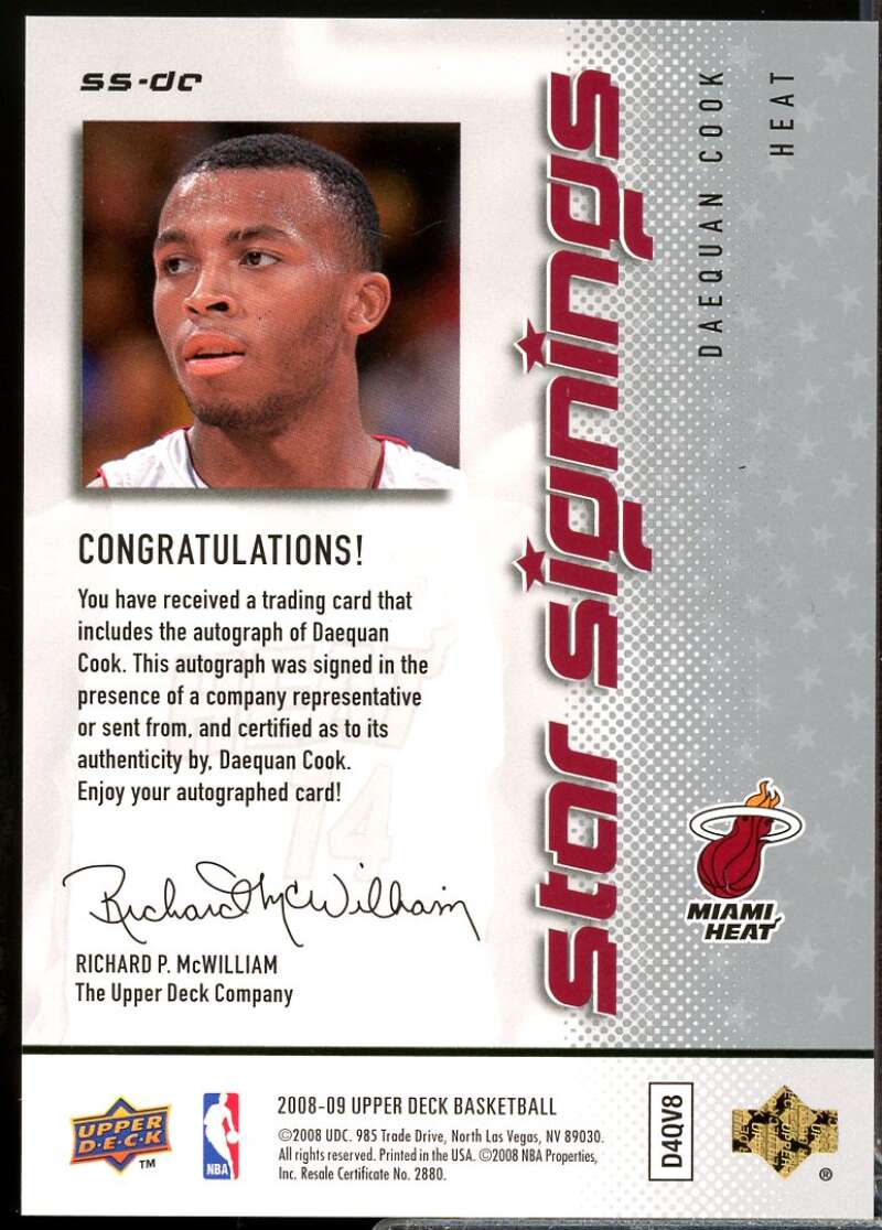 Daequan Cook Card 2008-09 Upper Deck Star Signings Autograph #SSDC  Image 2