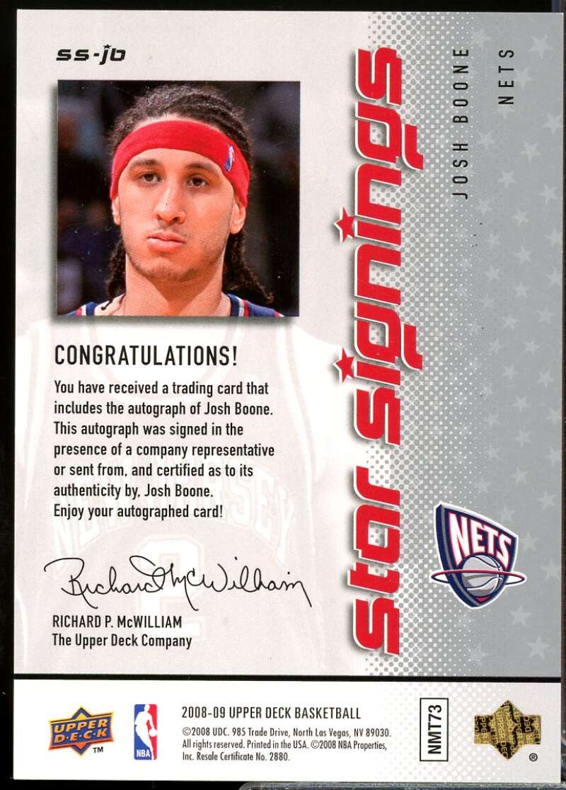 Josh Boone Card 2008-09 Upper Deck Star Signings Autograph #SSJB  Image 2