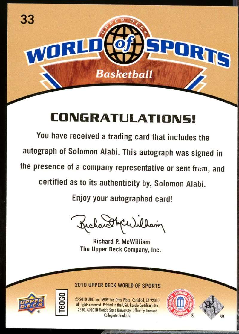 Solomon Alabi Card 2010 Upper Deck World of Sports Autographs #33  Image 2