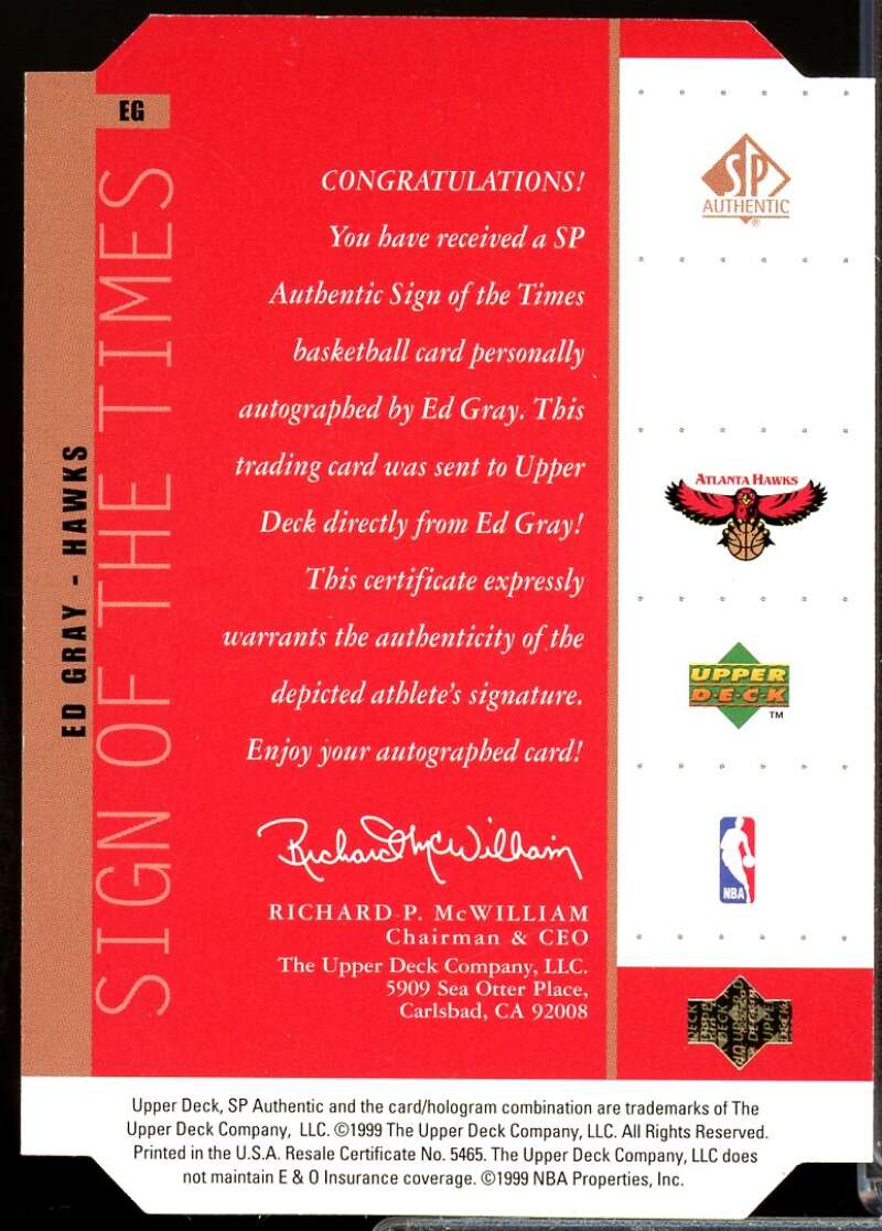 Ed Gray Card 1998-99 SP Authentic Sign of the Times Autograph Bronze #EG  Image 2