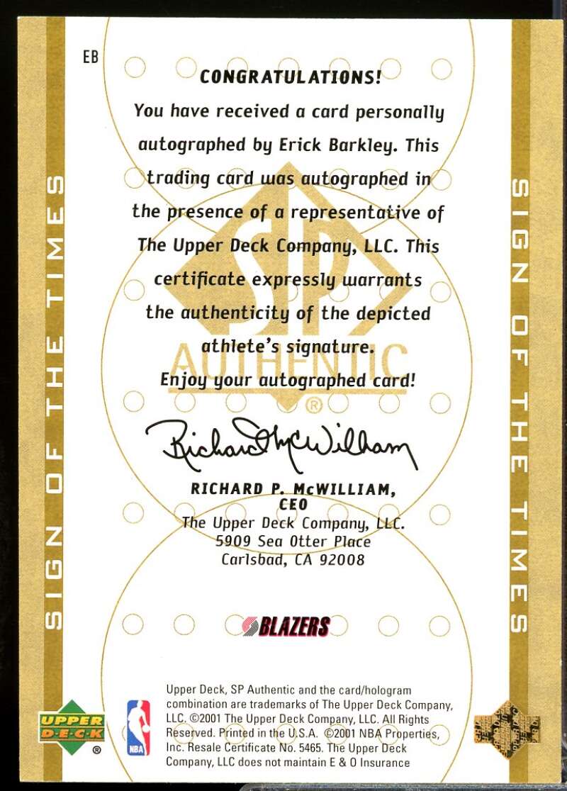 Erick Barkley Card 2000-01 SP Authentic Sign of the Times Autograph #EB  Image 2