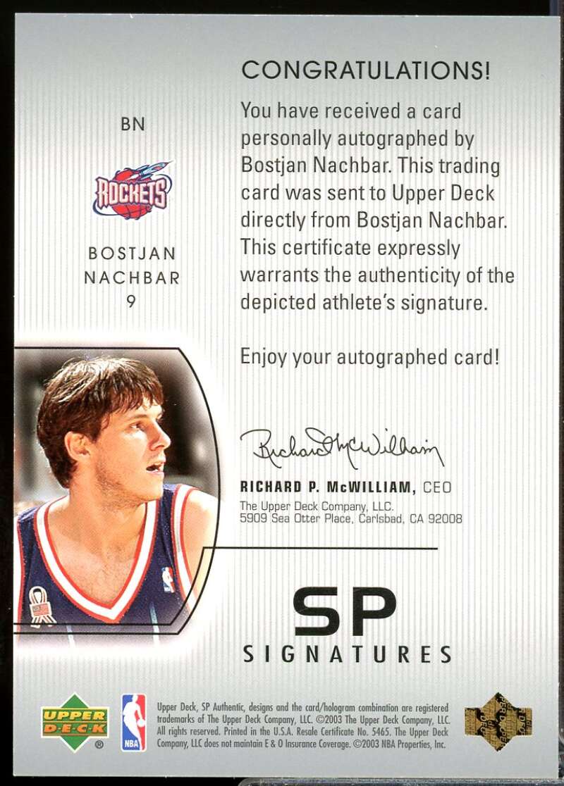 Bostjan Nachbar Rookie Card 2002-03 SP Authentic SP Signatures Autograph #BN  Image 2