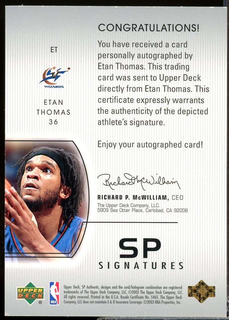 Etan Thomas Card 2002-03 SP Authentic SP Signatures Autograph #ET  Image 2