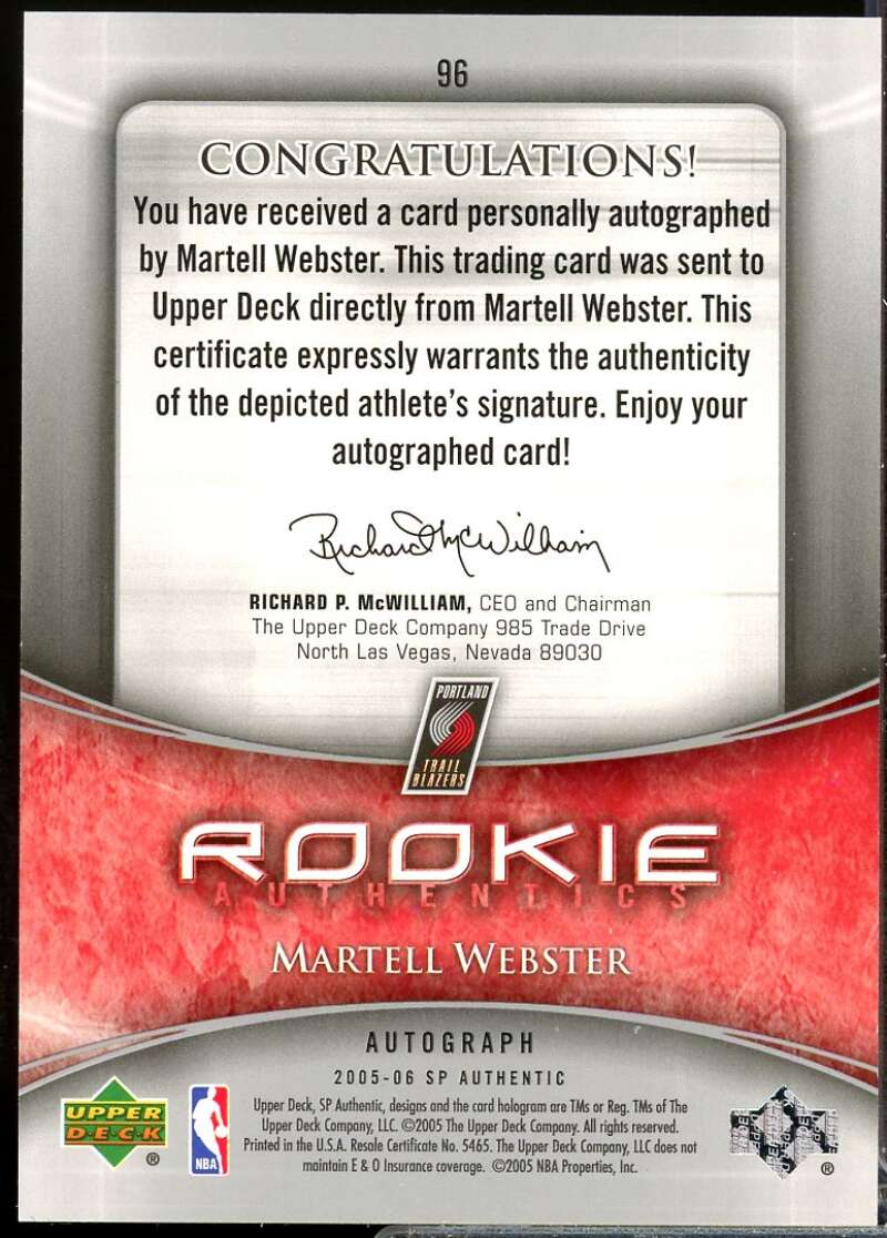 Martell Webster Rookie Card 2005-06 SP Authentic Autograph #96  Image 2
