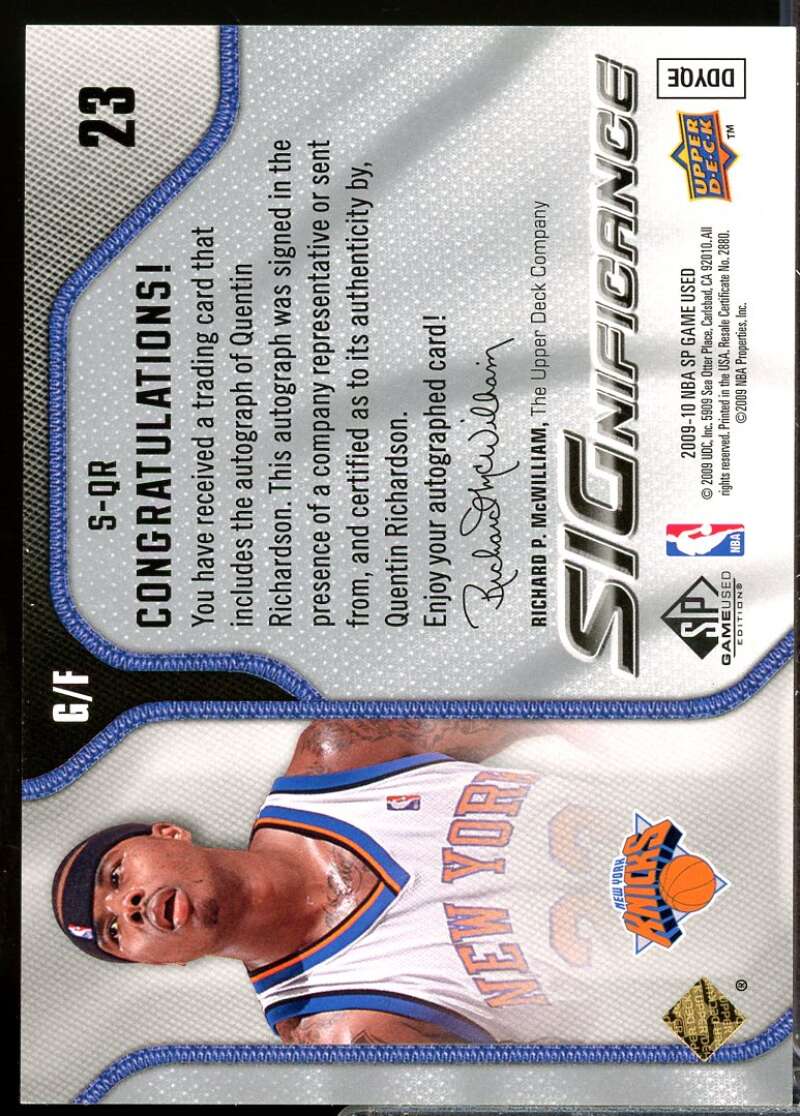 Quentin Richardson Card 2009-10 SP Game Used SIGnificance Autograph #SQR  Image 2