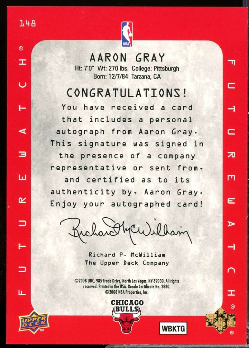 Aaron Gray Card 2007-08 SP Rookie Edition Future Watch Autographs #98  Image 2