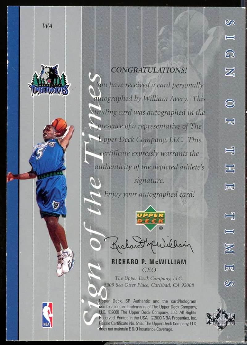 William Avery Card 1999-00 SP Authentic Sign of the Times Autograph #WA  Image 2