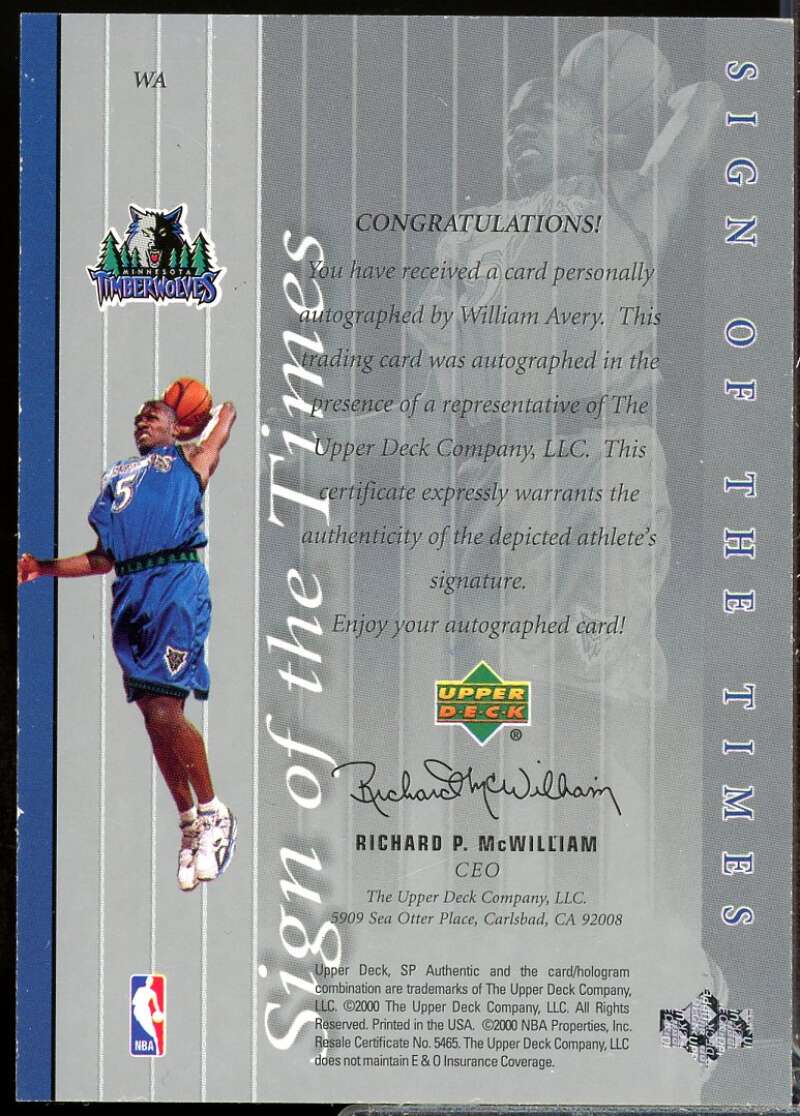 William Avery Card 1999-00 SP Authentic Sign of the Times Autograph #WA  Image 2