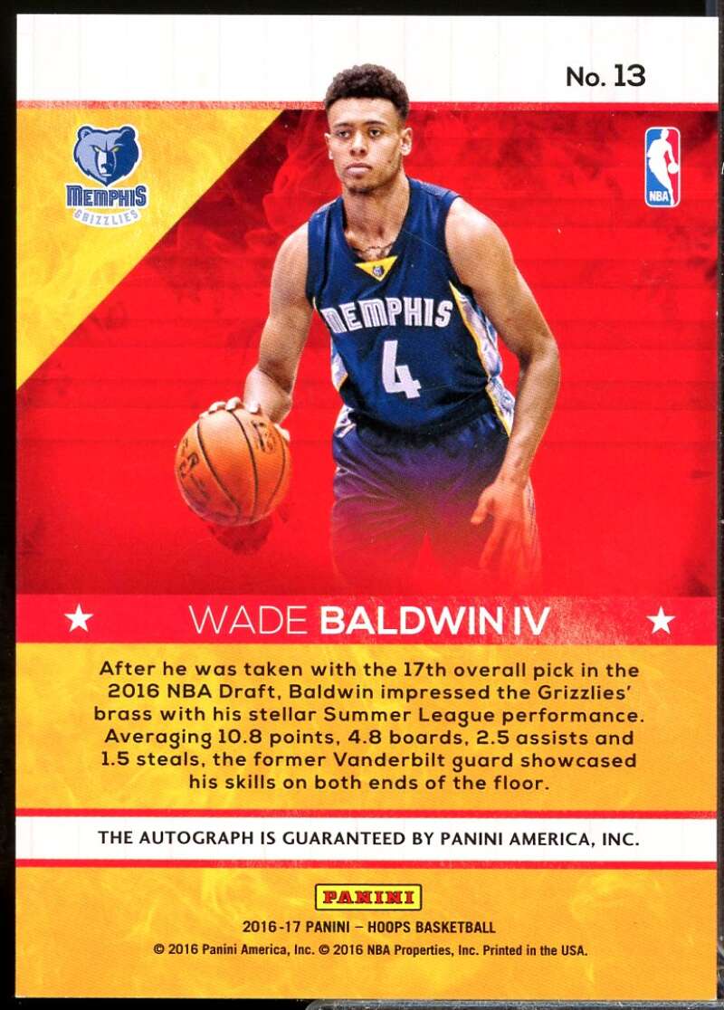 Wade Baldwin IV Rookie Card 2016-17 Hoops Hot Signatures Autograph #13  Image 2