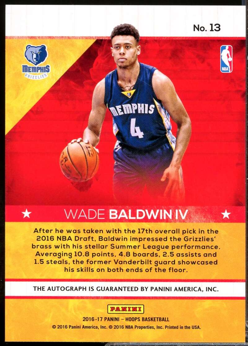 Wade Baldwin IV Rookie Card 2016-17 Hoops Hot Signatures Autograph #13  Image 2