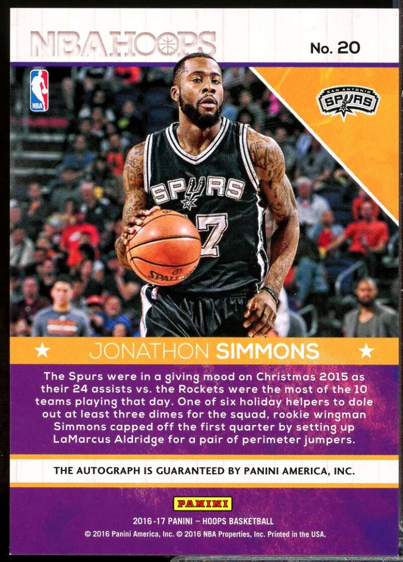 Jonathon Simmons Card 2016-17 Hoops Hot Signatures Autograph #20  Image 2