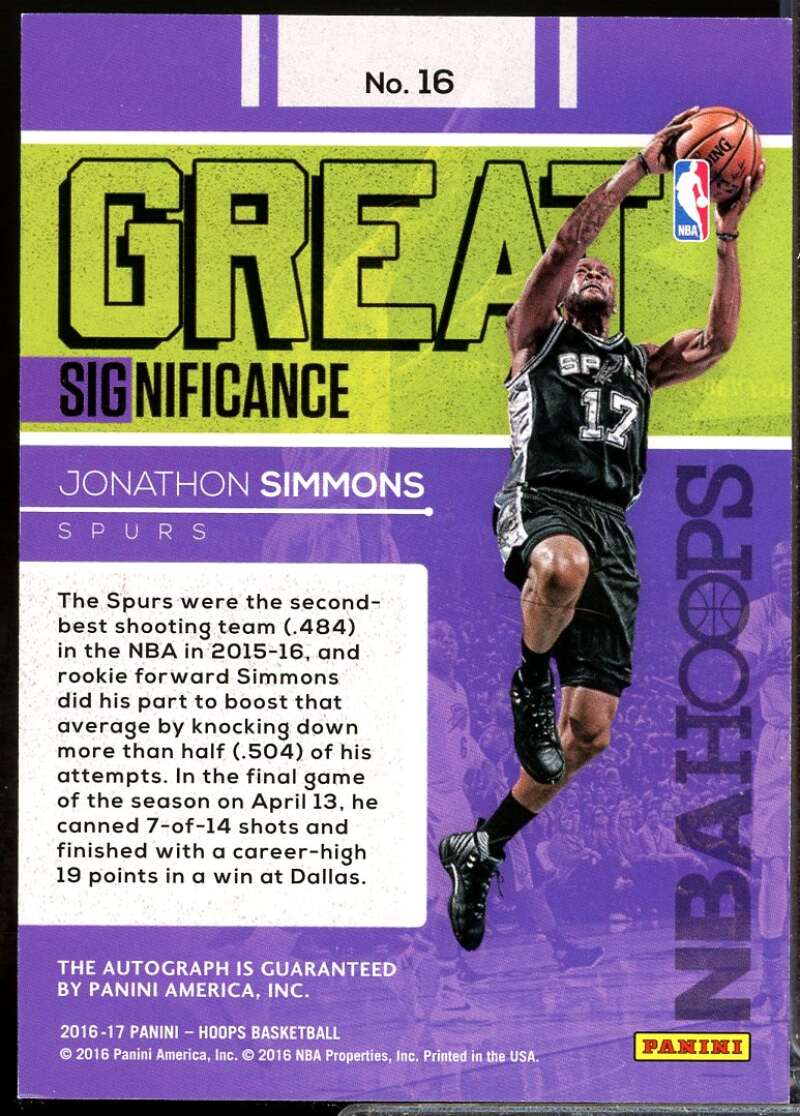 Jonathon Simmons Card 2016-17 Hoops Great SIGnificance Autograph #16  Image 2