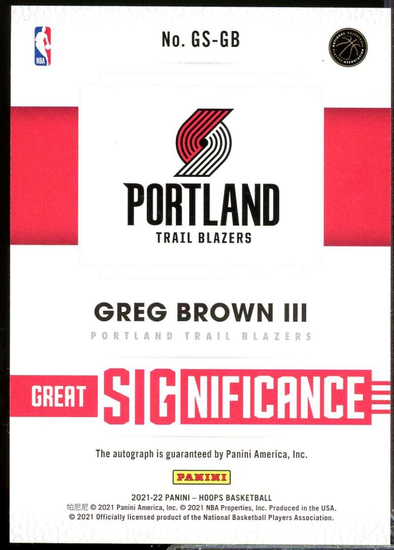 Greg Brown III Rookie Card 2021-22 Hoops Great SIGnificance Autograph #97  Image 2