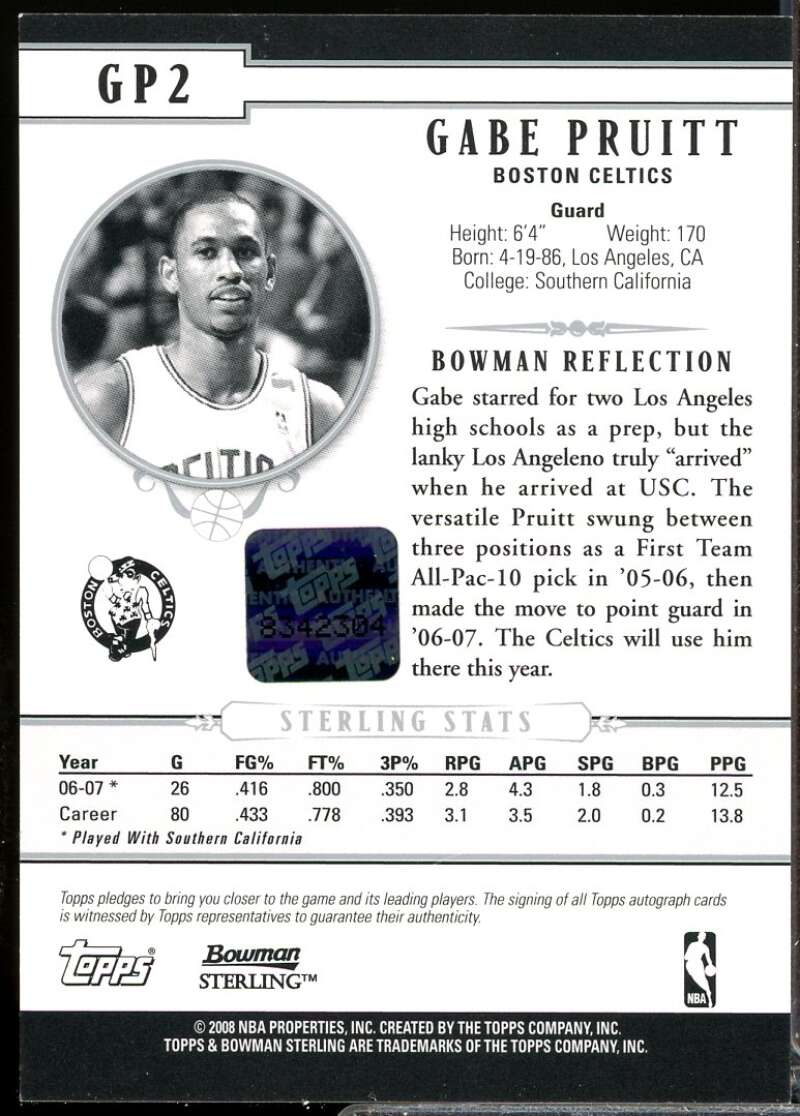 Gabe Pruitt Rookie Card 2007-08 Bowman Sterling Autograph #GP2  Image 2