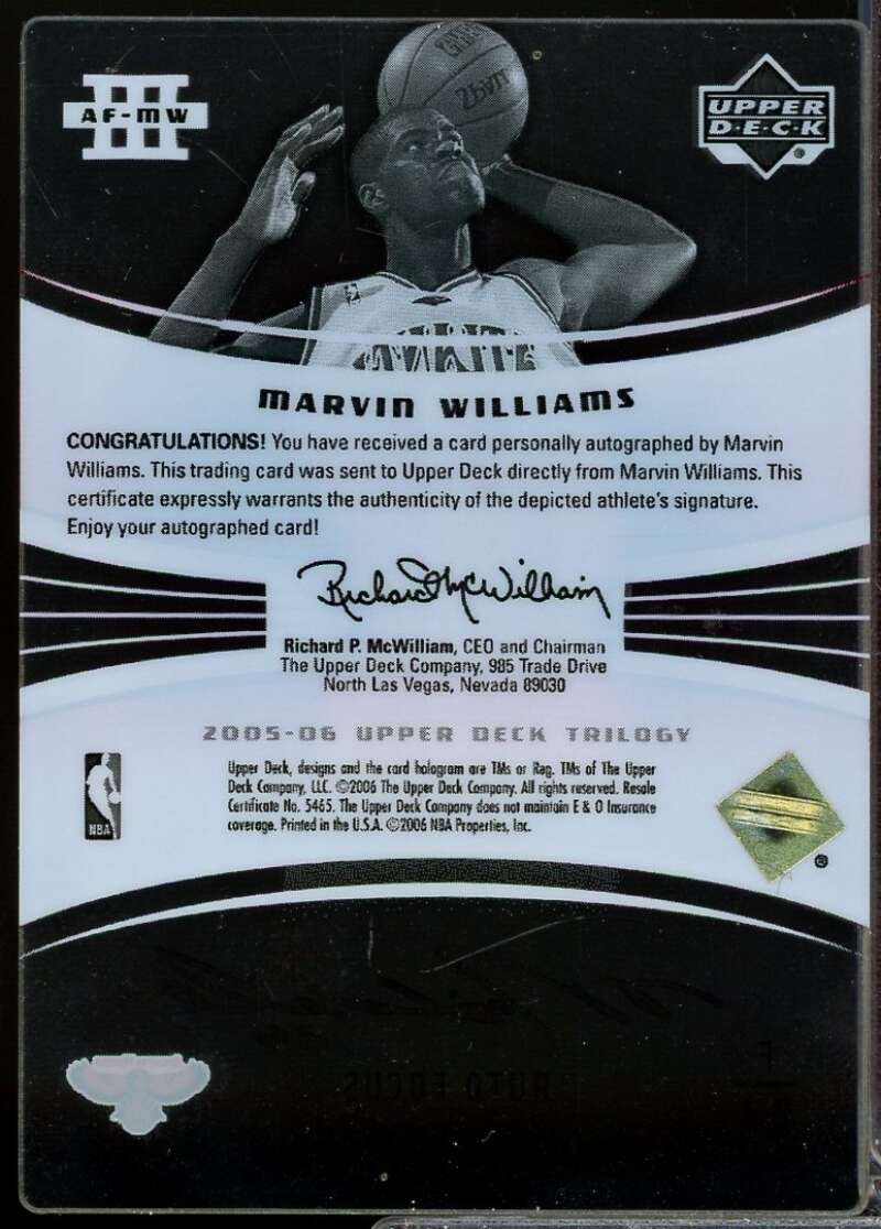 Marvin Williams Card 2005-06 Upper Deck Trilogy Auto Focus Autograph #MW  Image 2
