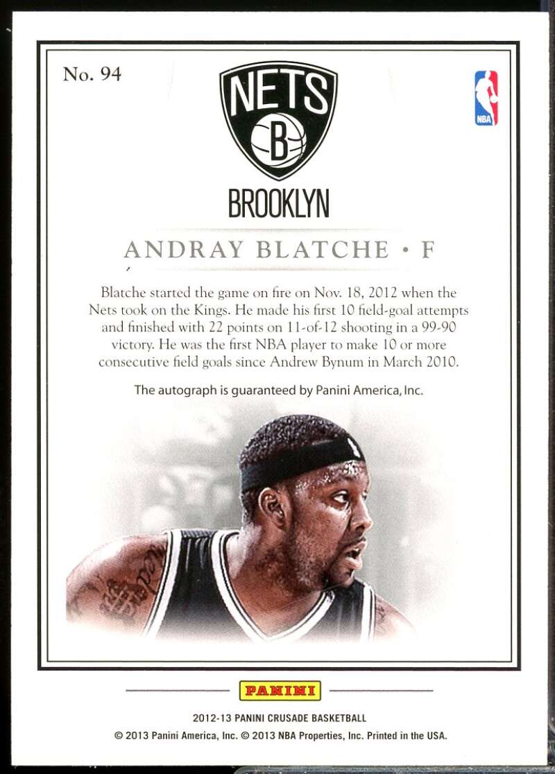 Andray Blatche Card 2012-13 Panini Crusade Quest Autographs #94  Image 2