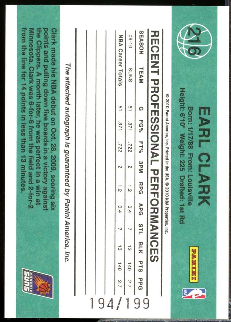 Earl Clark /199 Card 2010-11 Donruss Autograph #216  Image 2