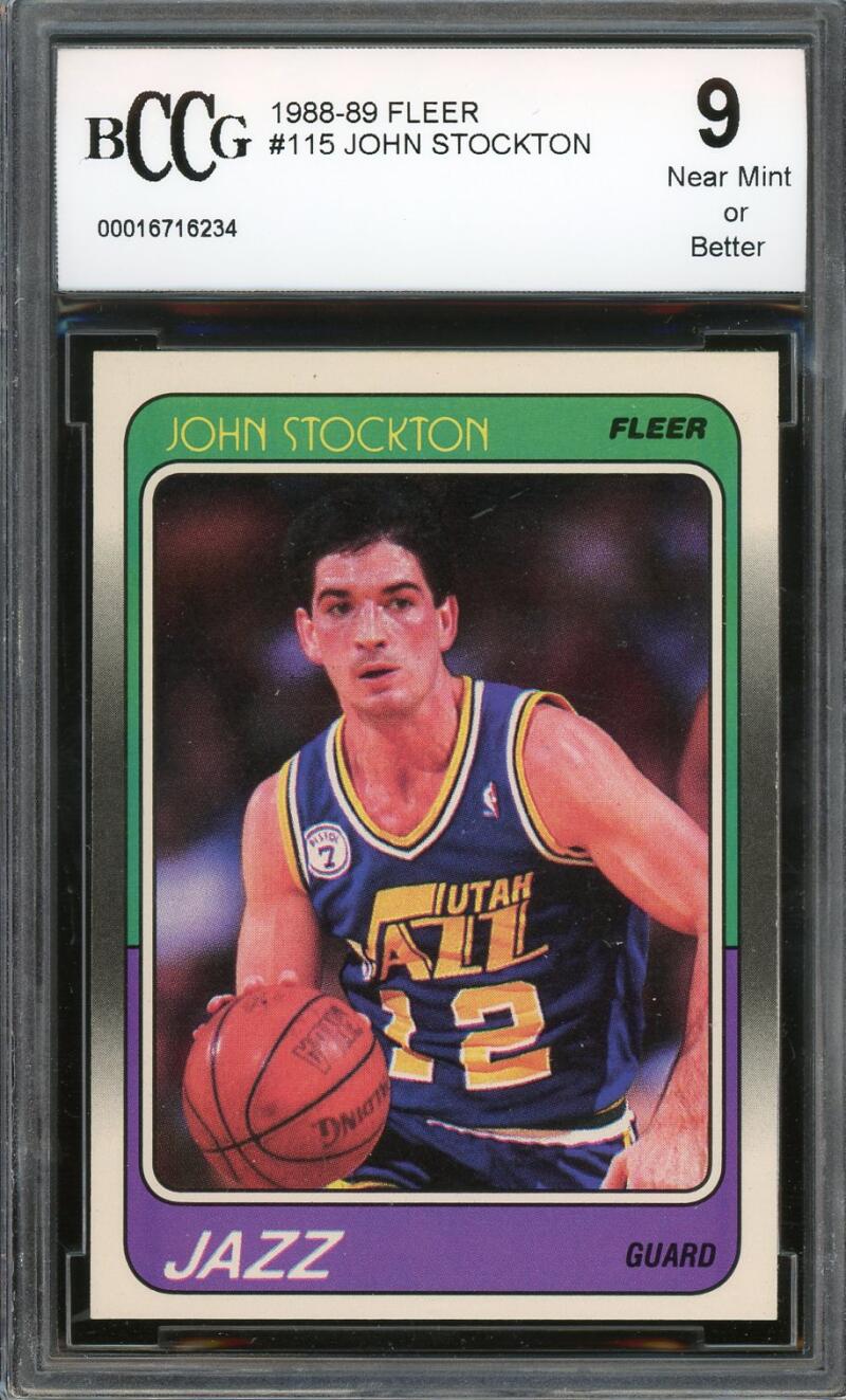 1988-89 Fleer #115 John Stockton Rookie Card BGS BCCG 9 Near Mint+ Image 1