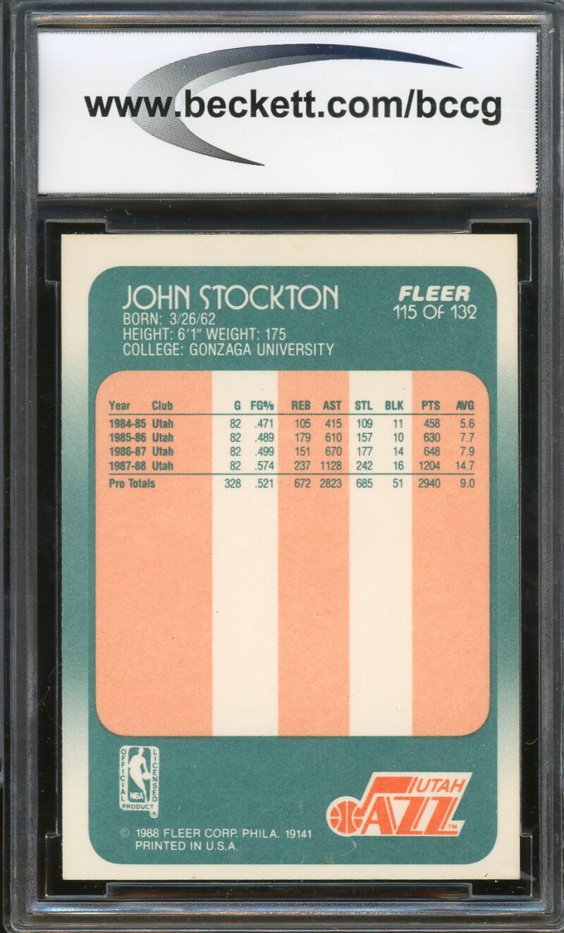 1988-89 Fleer #115 John Stockton Rookie Card BGS BCCG 9 Near Mint+ Image 2