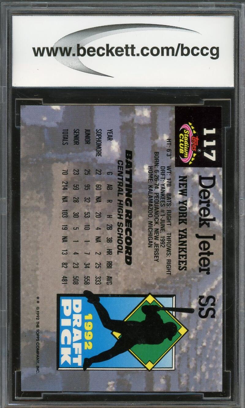 1993 Stadium Club Murphy #117 Derek Jeter Rookie Card BGS BCCG 10 Mint+ Image 2
