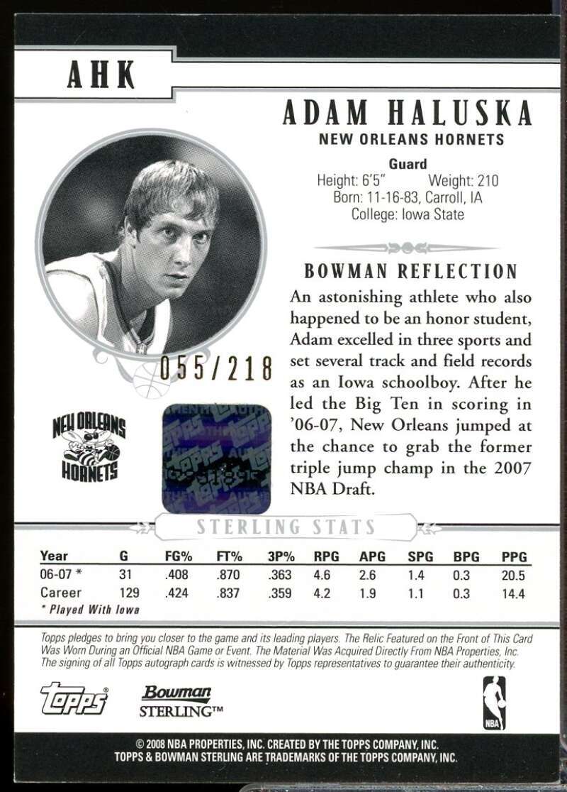 Adam Haluska Rookie /218 Card 2007-08 Bowman Sterling Jersey Autograph #AHK  Image 2