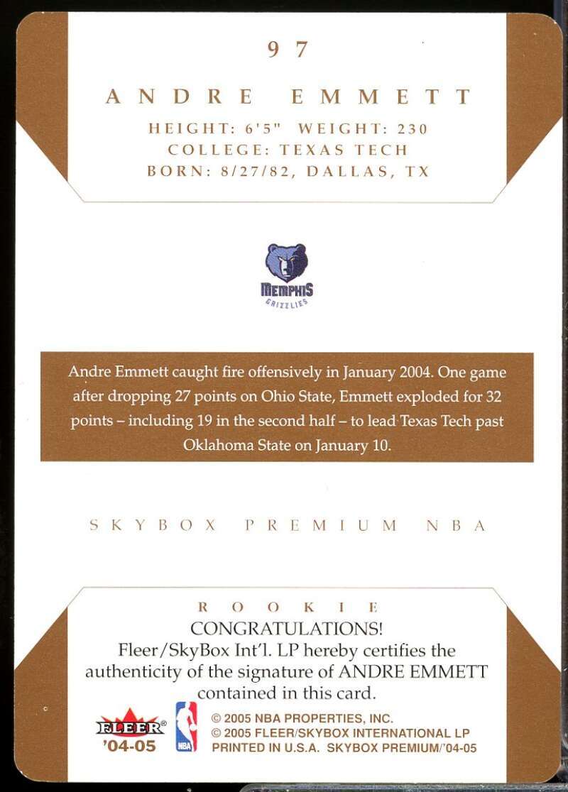 Andre Emmett Rookie Card 2004-05 SkyBox Premium Autographs Die Cuts #97  Image 2