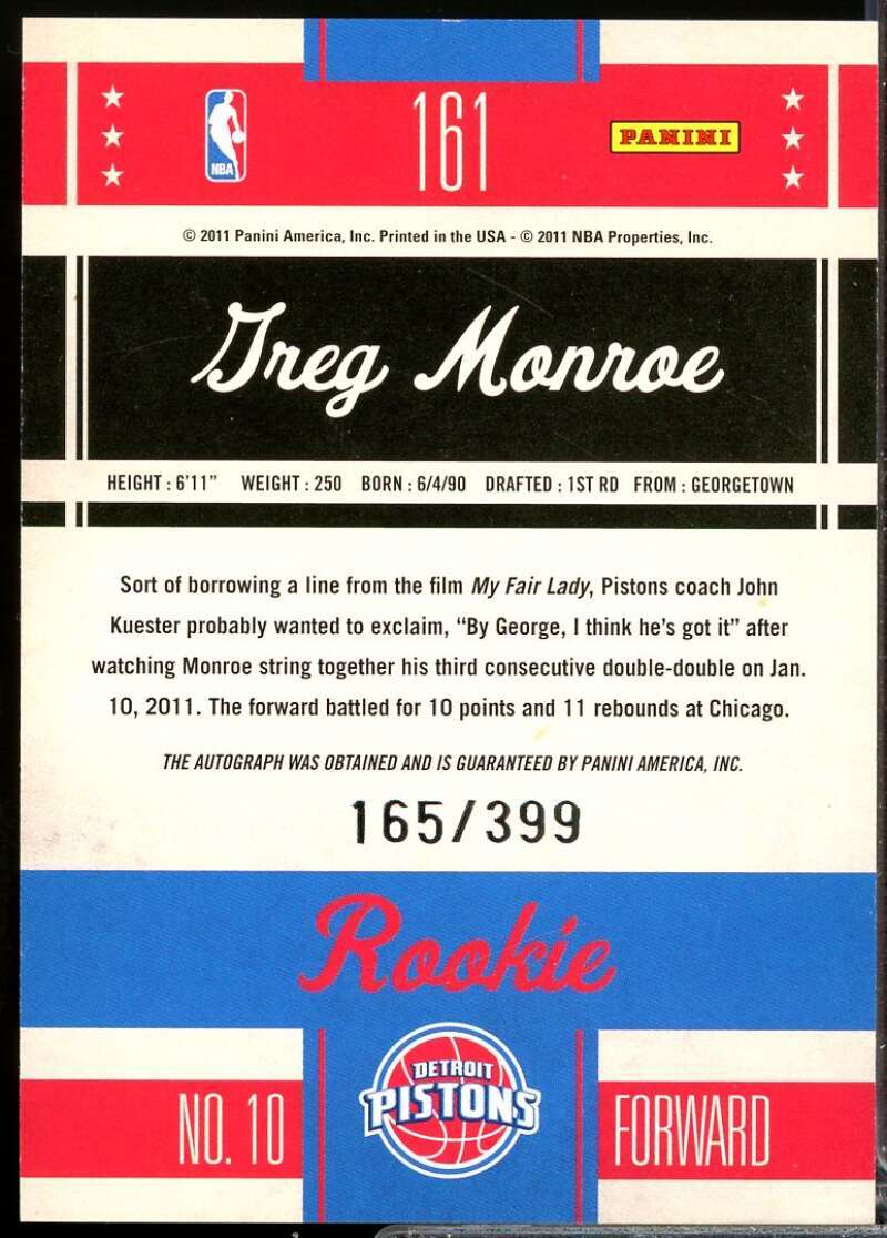 Greg Monroe Rookie /399 Card 2010-11 Classics Autograph #161  Image 2