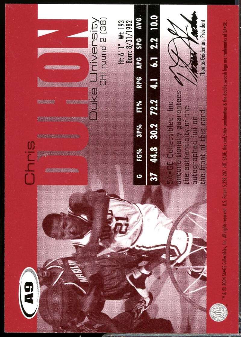 Chris Duhon /660 Card 2004 SAGE Autographs #A9  Image 2