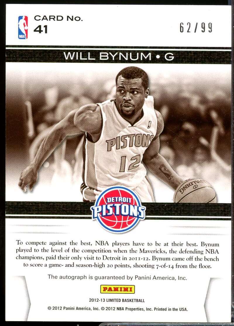 Will Bynum /99 Card 2012-13 Limited Spotlight Signatures Autograph #41  Image 2