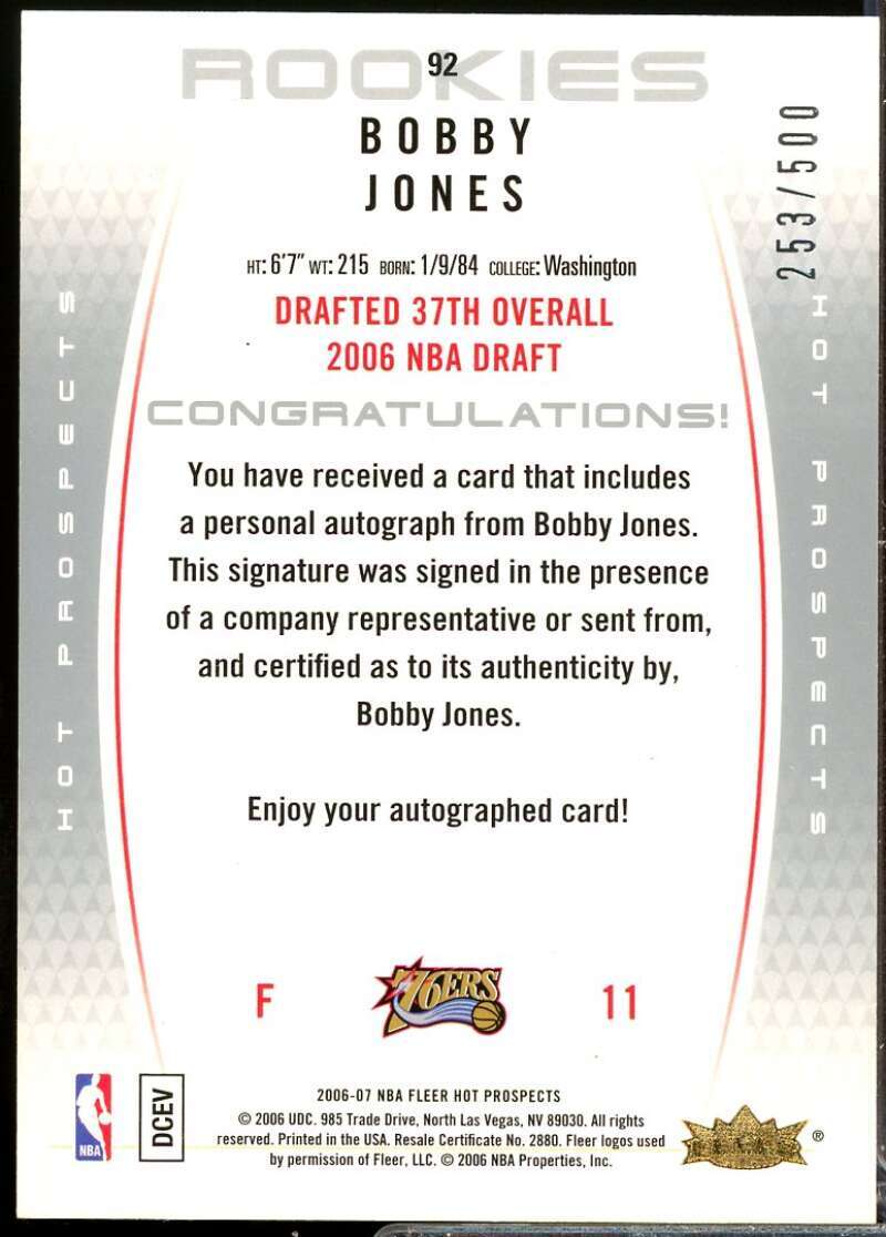 Bobby Jones Rookie Card 2006-07 Fleer Hot Prospects Autograph #92  Image 2