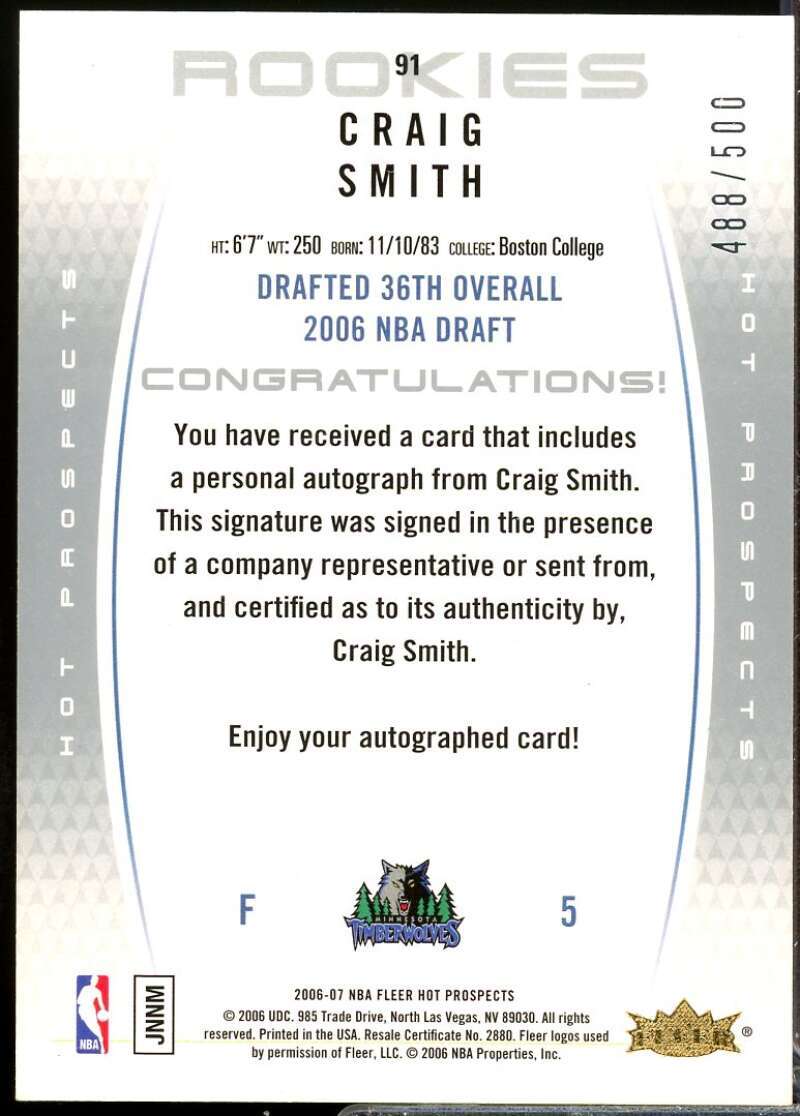 Craig Smith Rookie Card 2006-07 Fleer Hot Prospects Autograph #91  Image 2
