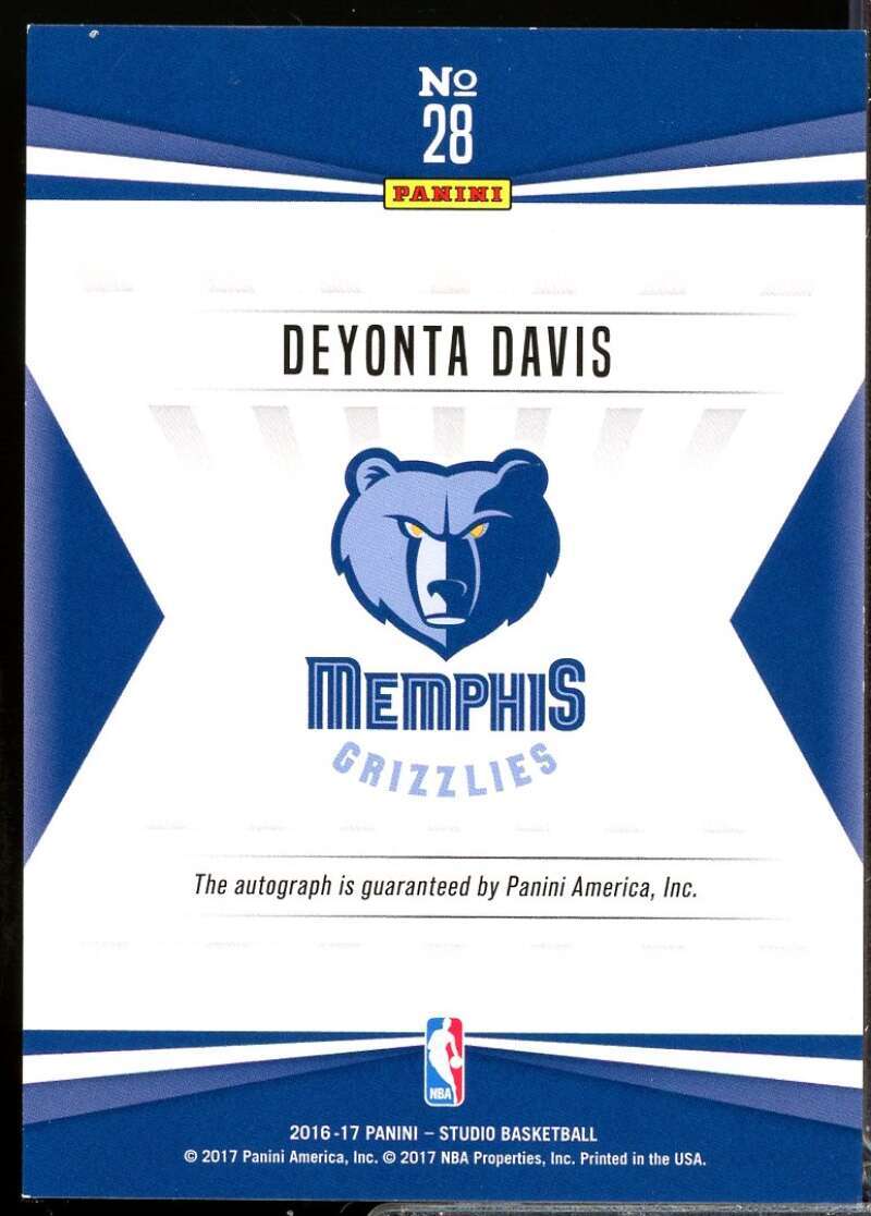 Deyonta Davis /299 Card 2016-17 Studio Signatures Autograph #28  Image 2