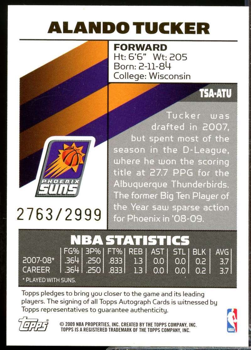 Alando Tucker /2999 Card 2008-09 Topps Signature Autographs #TSAATU  Image 2