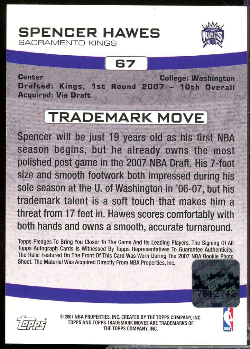 Spencer Hawes /79 2007-08 Topps Trademark Moves Rookie Relic Ink Autograph #67  Image 2