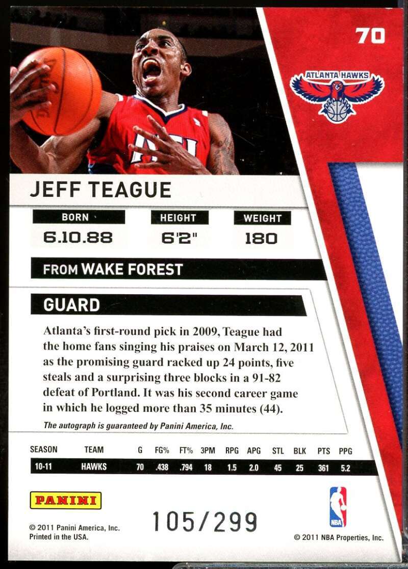 Jeff Teague /299 Card 2010-11 Panini Season Update Autograph #70  Image 2