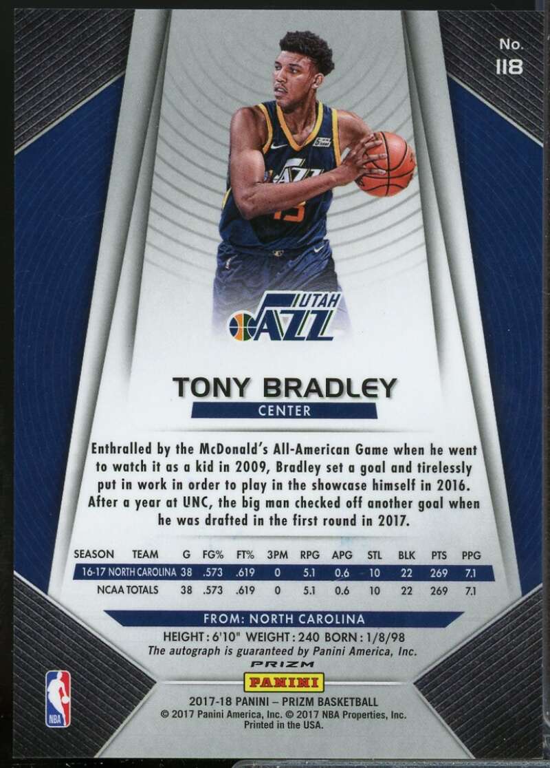 Tony Bradley Rookie Card 2017-18 Panini Prizm Autographs #118  Image 2