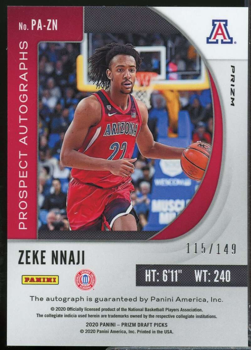 Zeke Nnaji Rookie 2020-21 Panini Prizm Draft Picks Prospect Autographs Blue #34  Image 2