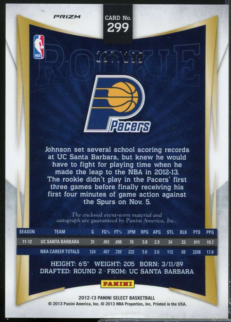 Orlando Johnson Rookie /199 2012-13 Select Jersey Autograph Silver Prizms #299  Image 2