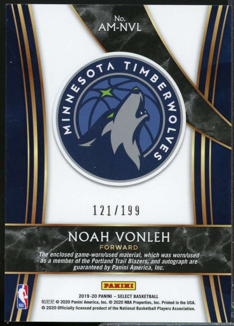 Noah Vonleh /199 Card 2019-20 Select Autographed Jersey Memorabilia #6  Image 2