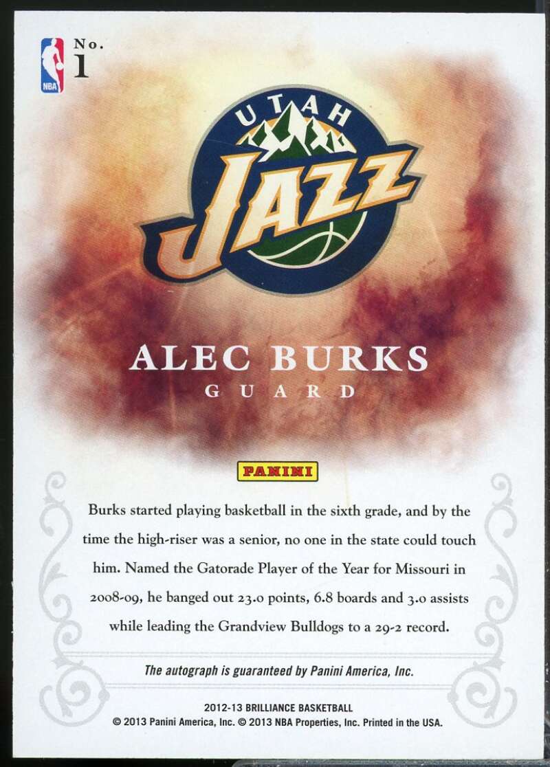Alec Burks Card 2012-13 Panini Brilliance Brilliant Beginnings Autographs #1  Image 2