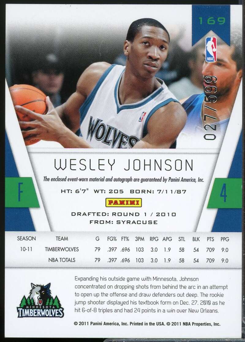 Wesley Johnson Rookie /599 Card 2010-11 Totally Certified Jersey Autograph #169  Image 2