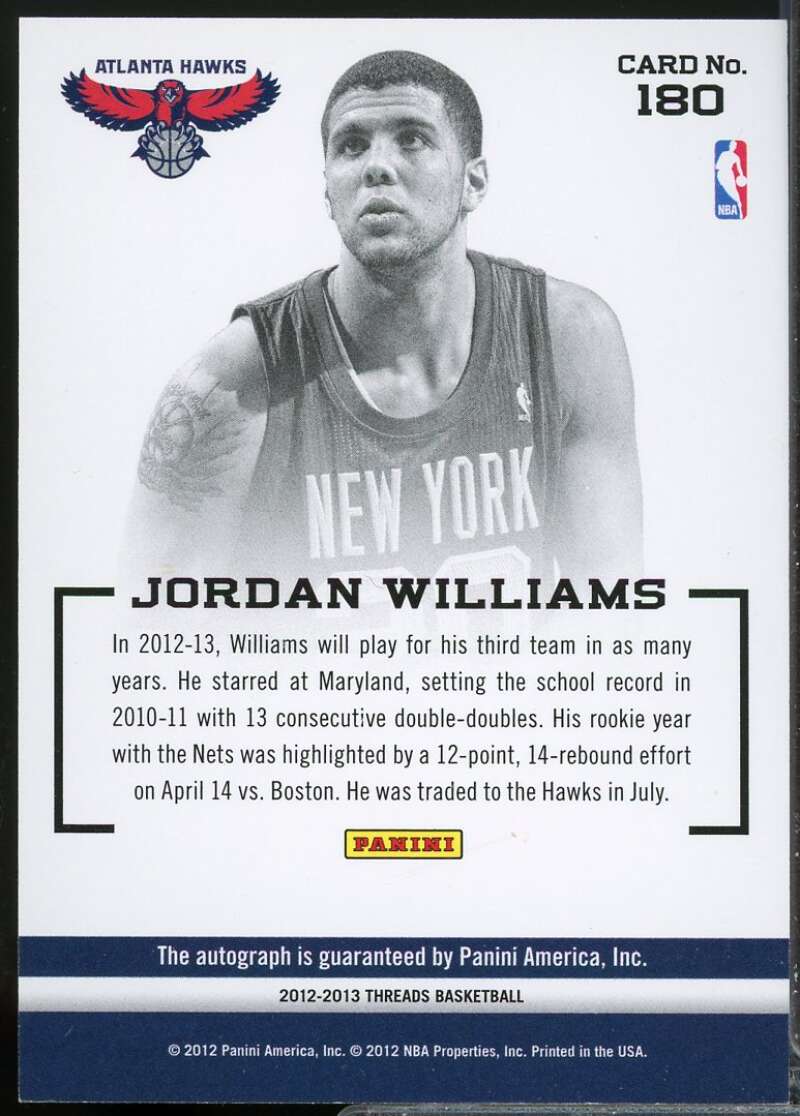 Jordan Williams Rookie Card 2012-13 Panini Threads Autograph #180  Image 2