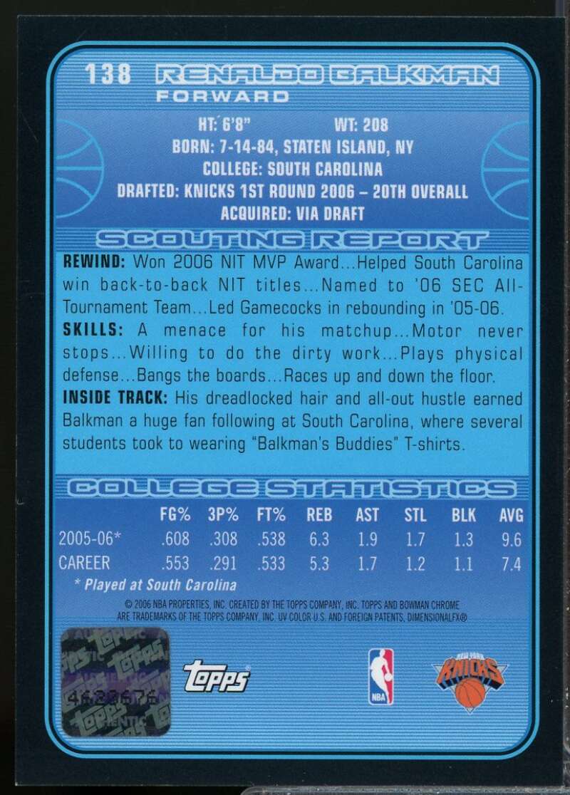 Renaldo Balkman Rookie Card 2006-07 Bowman Chrome Autograph #138  Image 2