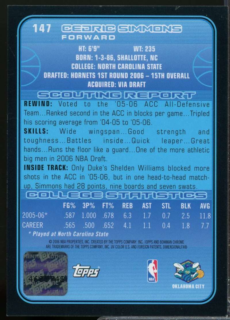 Cedric Simmons Rookie Card 2006-07 Bowman Chrome Autograph #147  Image 2