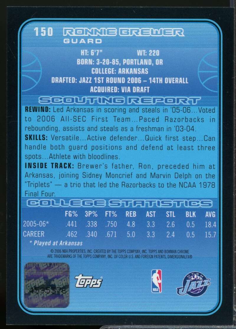 Ronnie Brewer Rookie Card 2006-07 Bowman Chrome Autograph #150  Image 2