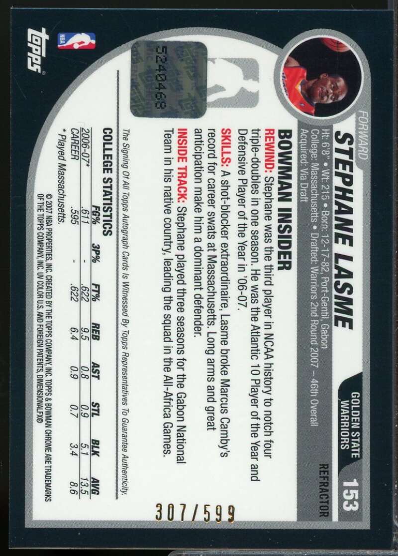 Stephane Lasme Card 2007-08 Bowman Chrome Refractors Rookie Autographs #153  Image 2