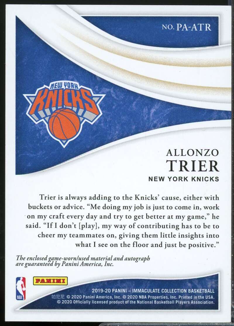Allonzo Trier /50 2019-20 Immaculate Collection Jersey Patch Autographs #27  Image 2
